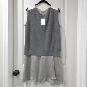CLU Mixed Media Gray Silver Sleeveless Lambswool Knit Top with 100% Silk Details